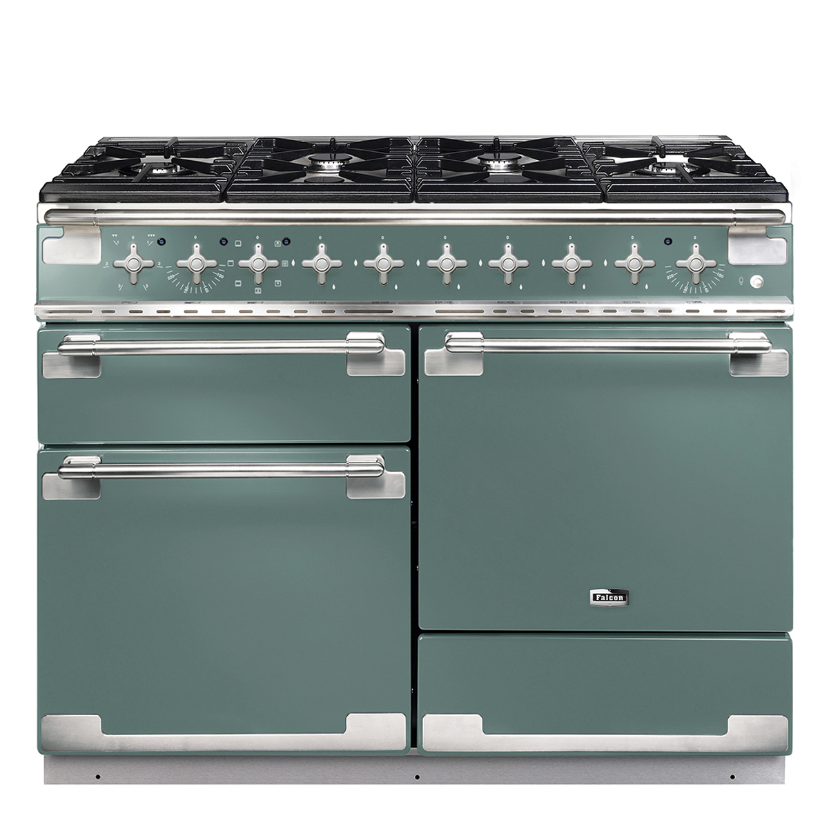 Grüner Falcon Standherd mit sechs Gasbrennern, mehreren Backöfen und Edelstahlakzenten, frontale Ansicht