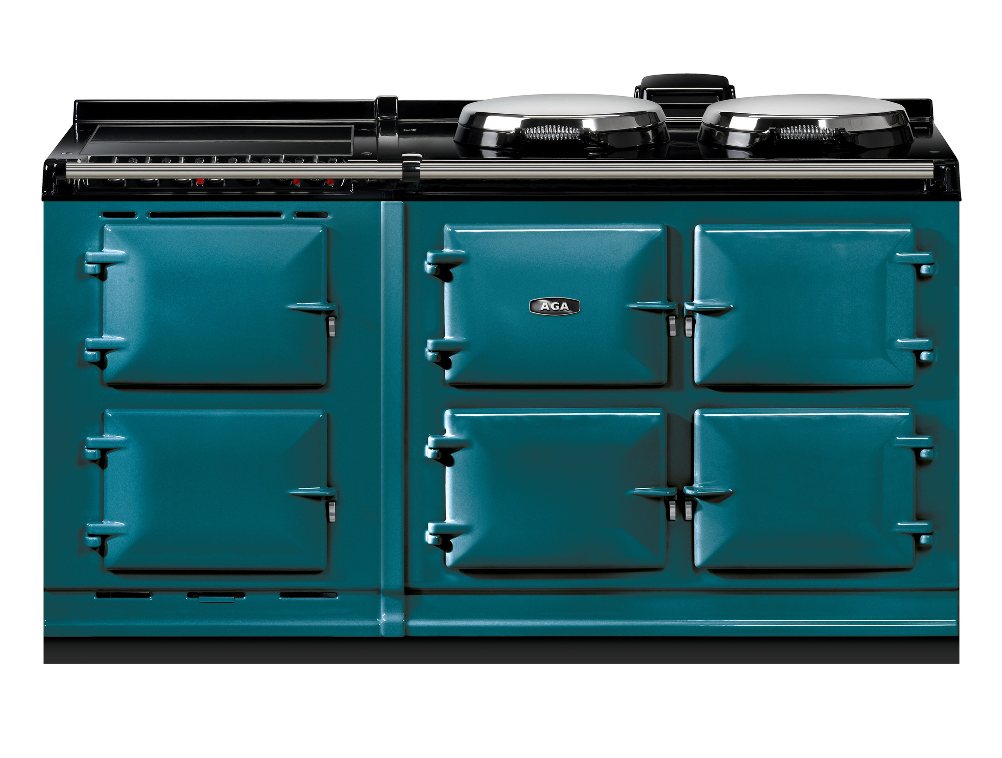 Ein türkisfarbener AGA Herd mit sechs separat verschließbaren Ofentüren und zwei Kochplatten auf der Oberseite, ideal für stilvolle Küchen