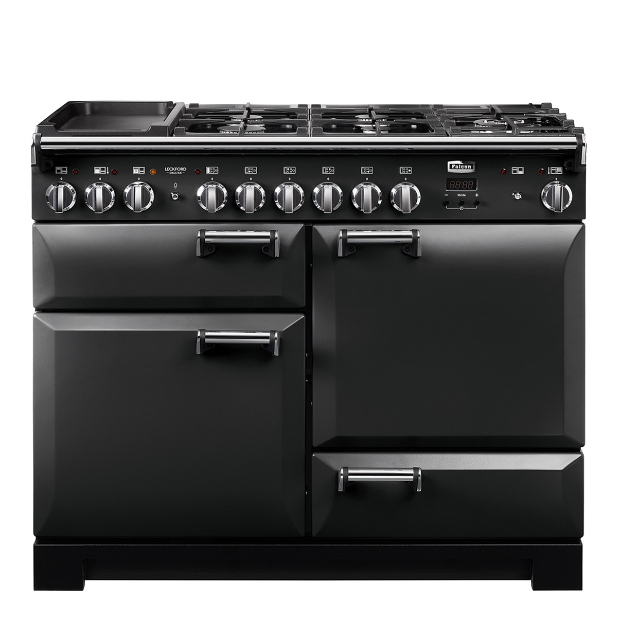 Schwarzer Falcon Herd mit Gas-Kochfeld, mehreren Backöfen und Bedienelementen – moderner Range Cooker für Küchen