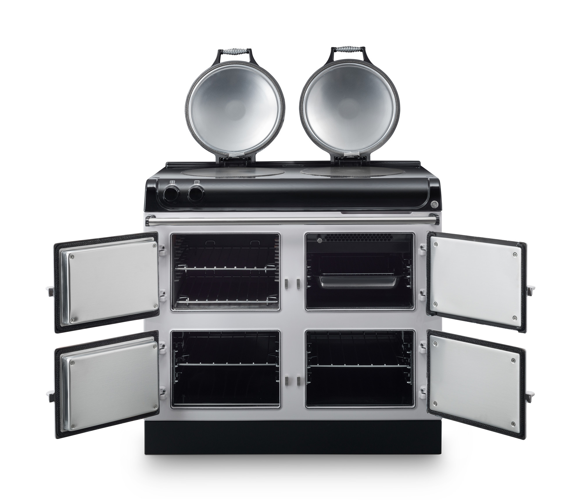 Großer Standherd mit zwei runden Kochplatten oben und vier weit geöffneten Backofenfächern, komplett in hochwertigem Design