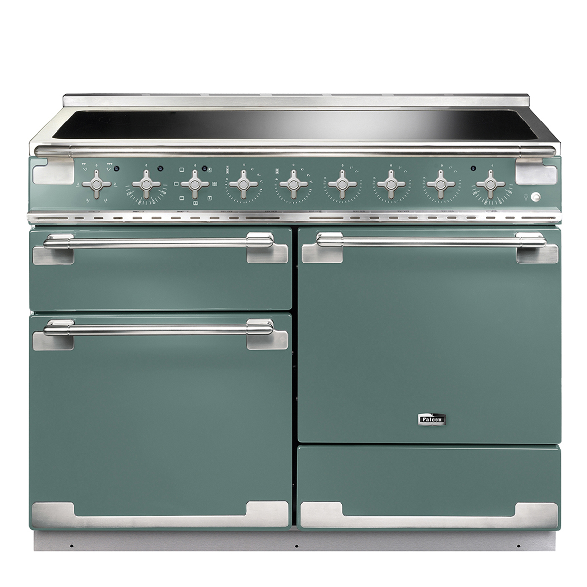 Grüner Falcon Classic Deluxe 110 Induktionsherd mit Edelstahlgriffen, sechs Kochfeldern und mehreren Backöfen