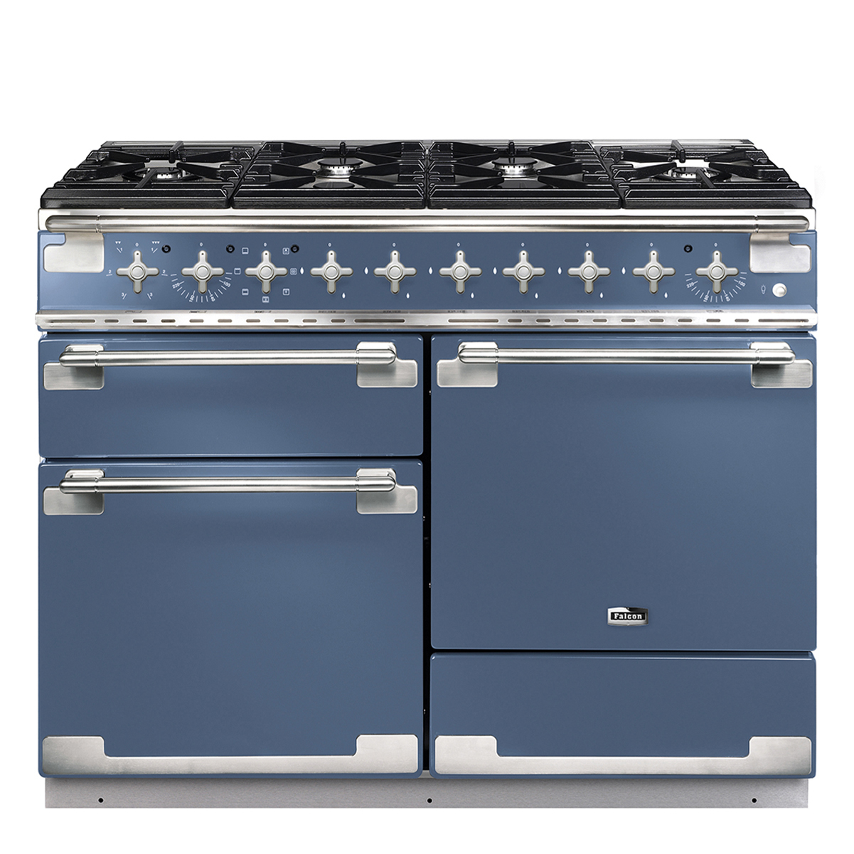 Blauer Falcon Gasherd mit Edelstahlgriffen, sieben Drehreglern, mehreren Backöfen und sechs Kochfeldern
