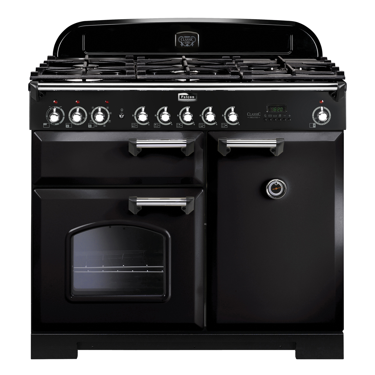 Schwarzer Falcon Classic 90 Gasherd mit zwei Backöfen, sieben Kochfeldern und silbernen Griffen, ideal für große Küchen