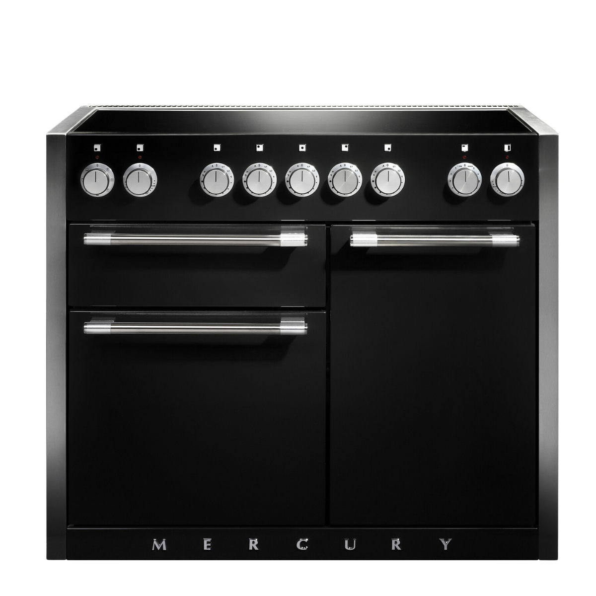 Modernes Kochfeld und Standherd von Mercury in Schwarz, mit acht Drehknöpfen und Edelstahlgriffen, freistehend