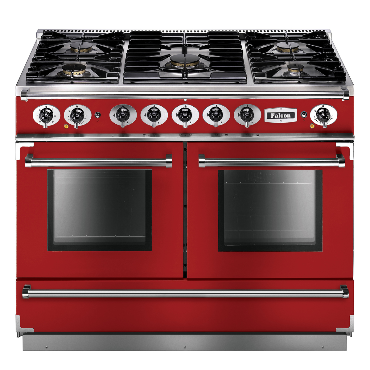 Roter Falcon Gasherd mit sechs Kochfeldern und zwei großen Backofentüren, Edelstahl-Details
