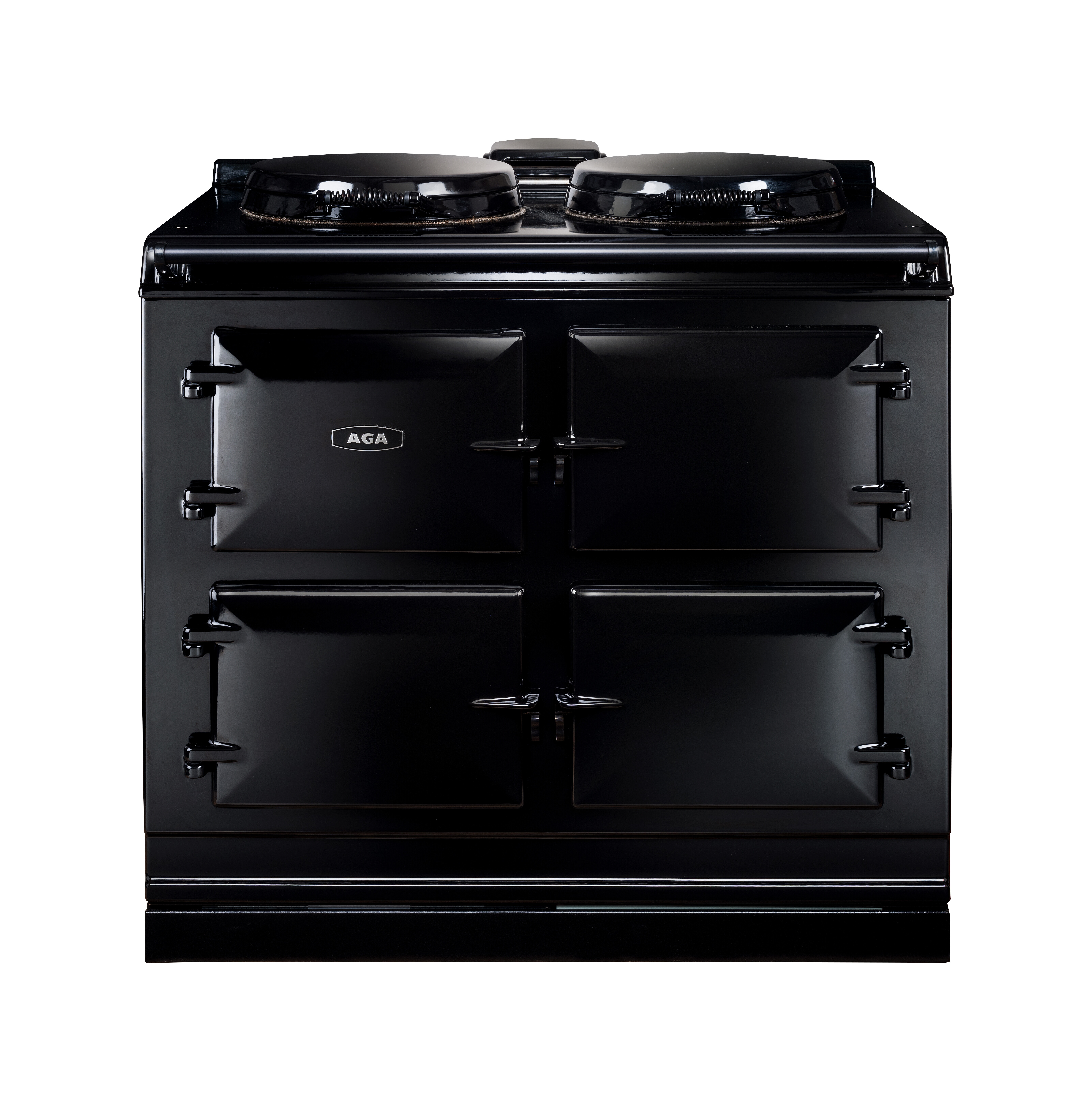 Frontansicht eines schwarzen AGA-Herdes mit vier Ofentüren und zwei runden Kochplatten auf der Oberseite