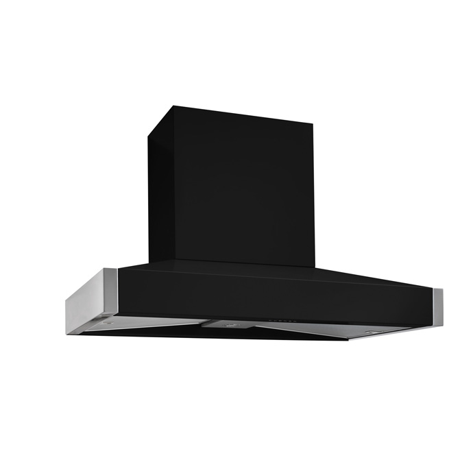 Schwarze Dunstabzugshaube mit Edelstahl-Elementen, geeignet zur Wandmontage in modernen Küchen