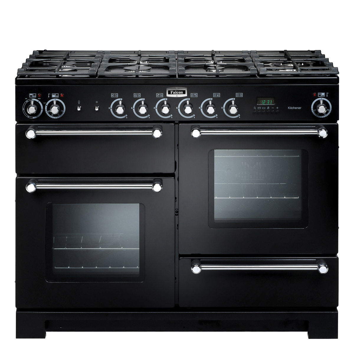 Schwarzer Falcon Kitchener 110 cm Standherd mit sechs Gas-Kochfeldern und drei Backöfen, Vorderansicht