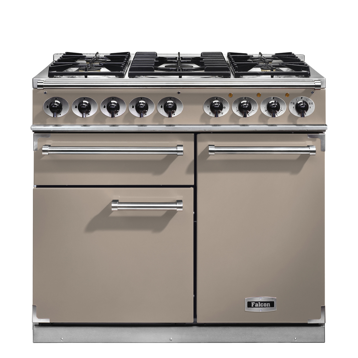 Beiger Falcon Gasherd mit Edelstahlgriffen, acht Drehknöpfen, mehreren Kochfeldern und zwei Backofenklappen