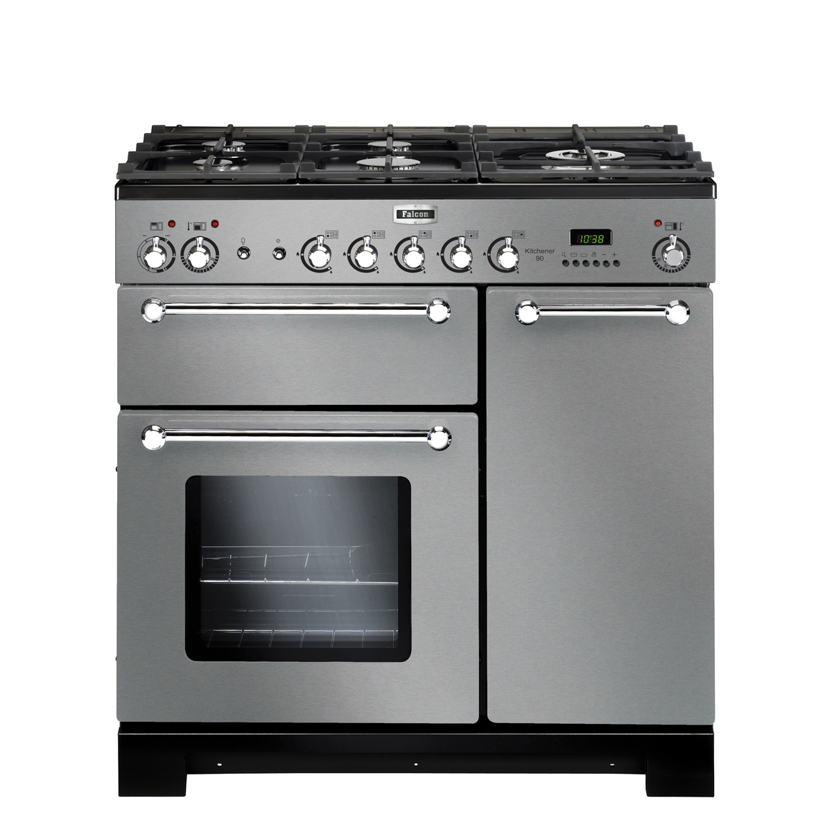 Moderner Edelstahl Gasherd Falcon Kitchener 90 mit fünf Kochfeldern, zwei Backöfen und Bedienfeld