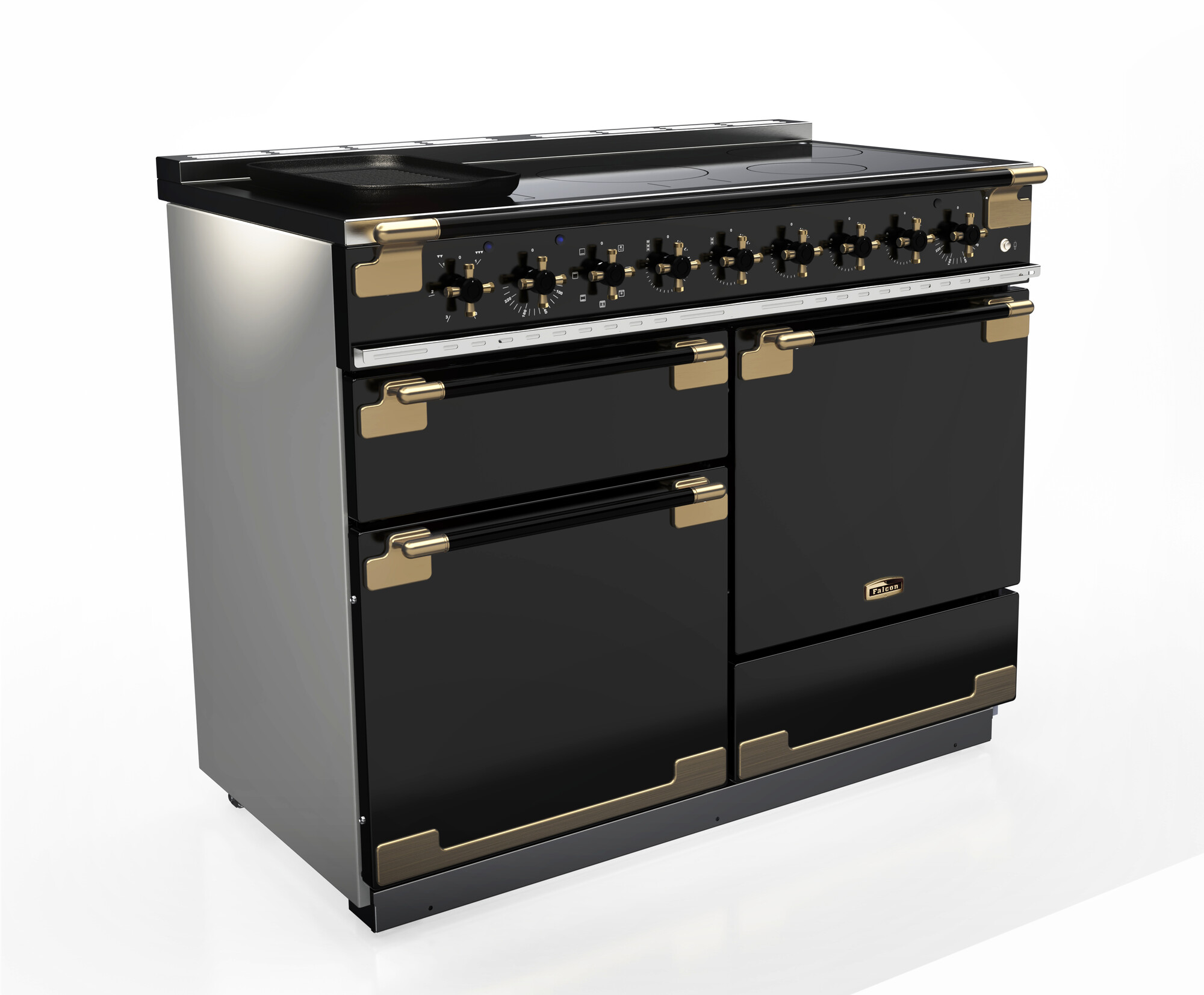 Eleganter schwarzer Standherd mit mehreren Backofenfächern, Induktionskochfeld und goldfarbenen Griffen, ideal für anspruchsvolles Kochen