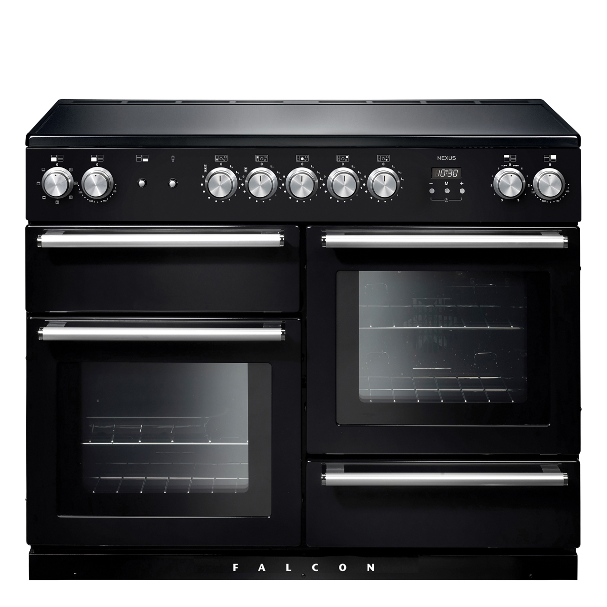 Schwarzer Falcon Nexus 110 Induktionsherd mit vier Backofentüren, Edelstahlgriffen und sechs Drehknöpfen