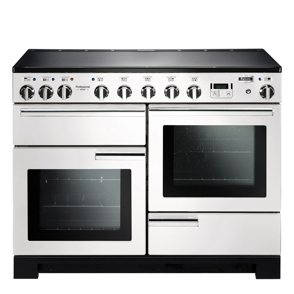 Großer Edelstahl-Standherd mit mehreren Backöfen und Kochfeldern, geeignet für professionelle Küchen