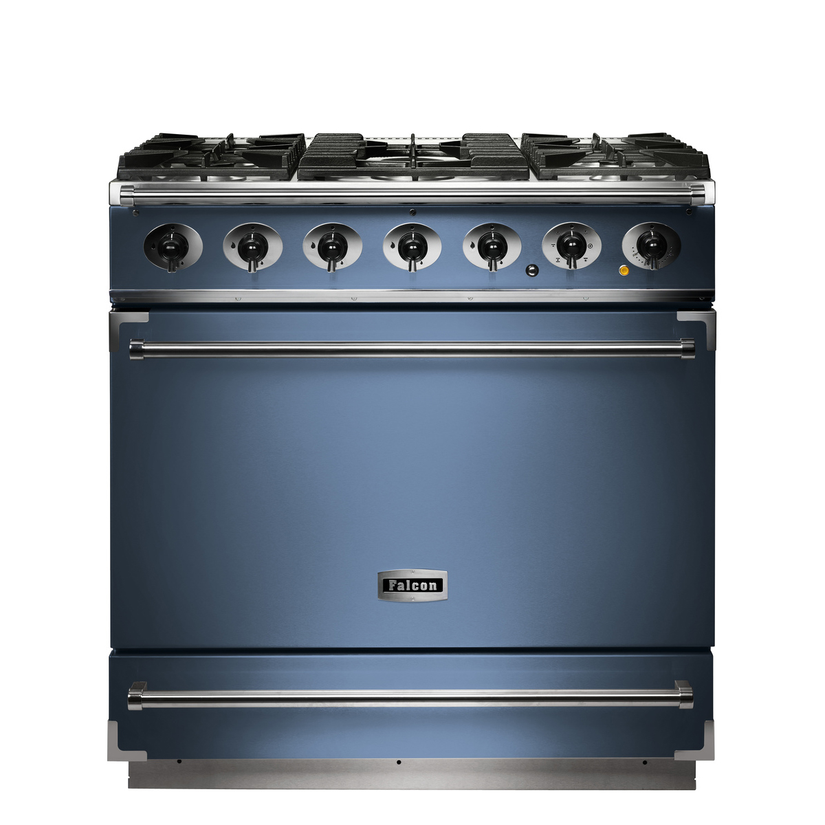 Großer Standherd Falcon in Blau mit sechs Gasbrennern und geräumigem Backofen, modernes Design für die Küche