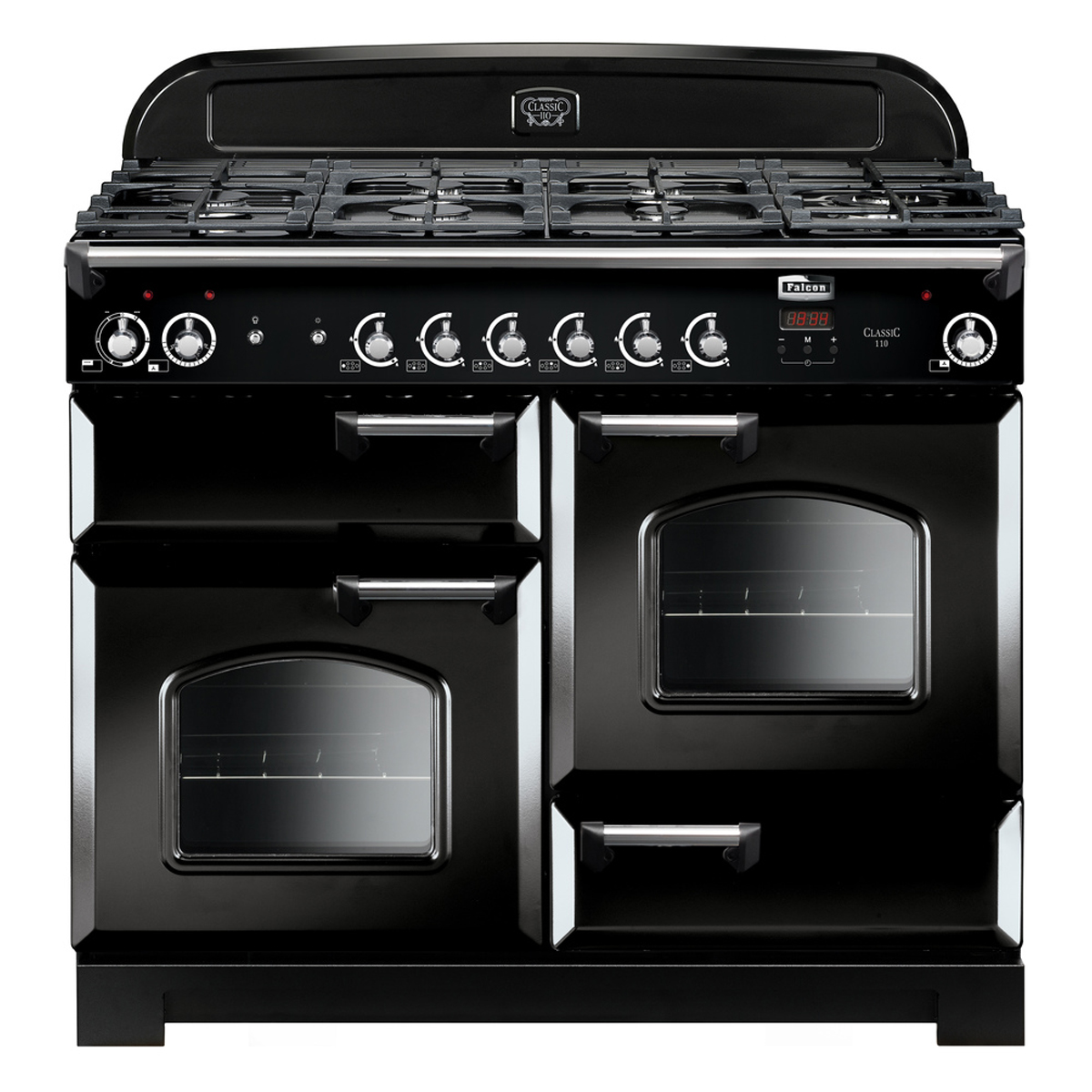 Schwarzer Falcon Classic 110 Gasherd mit zwei Backöfen und sechs Kochfeldern, klassische Ausführung für die Küche