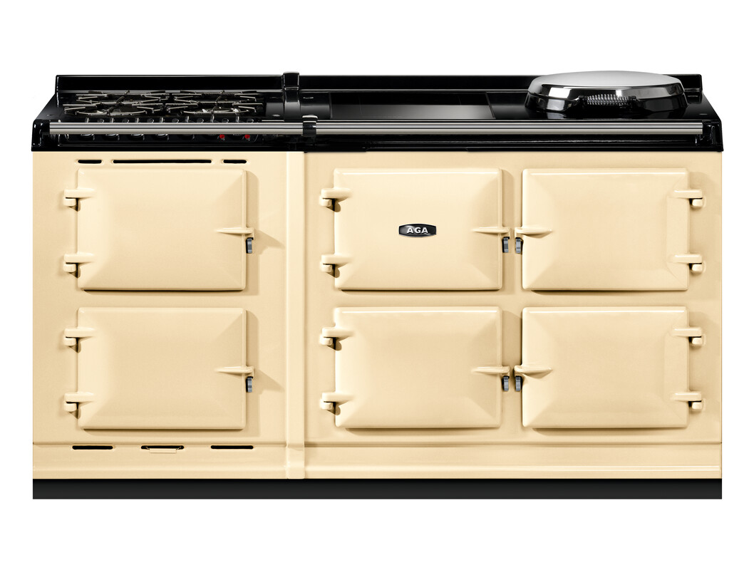 Klassischer cremefarbener AGA Gusseisenherd mit sechs Türen, Gas-Kochfeld und Warmhalteplatte