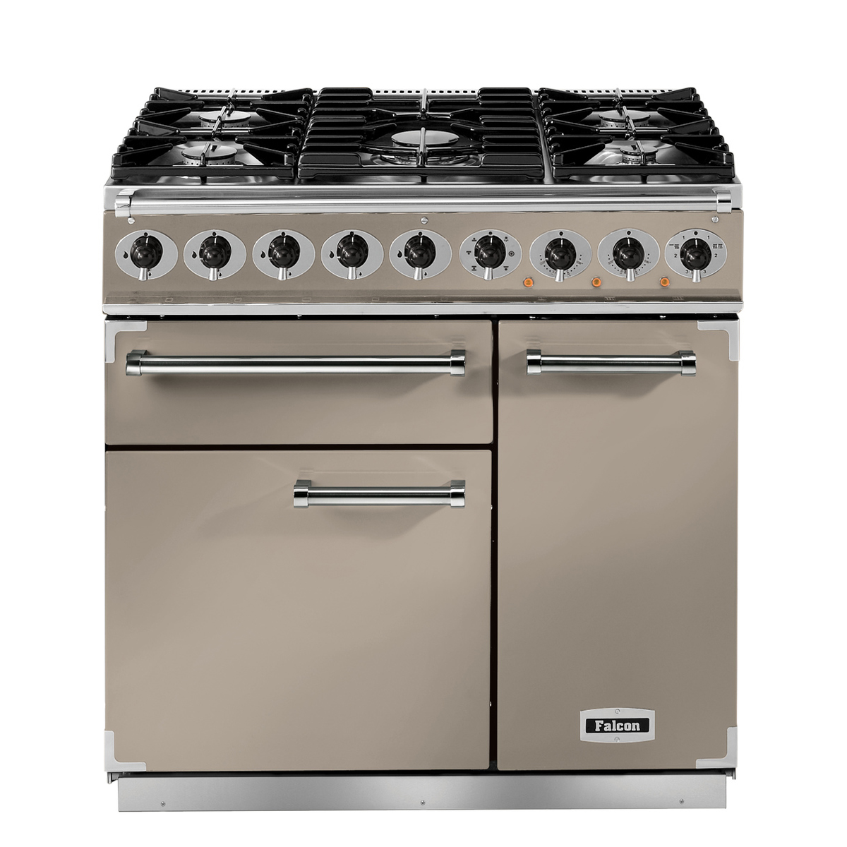 Freistehender Gasherd von Falcon mit neun Drehknöpfen, mehreren Kochfeldern und großem Backofen in Edelstahl-Optik