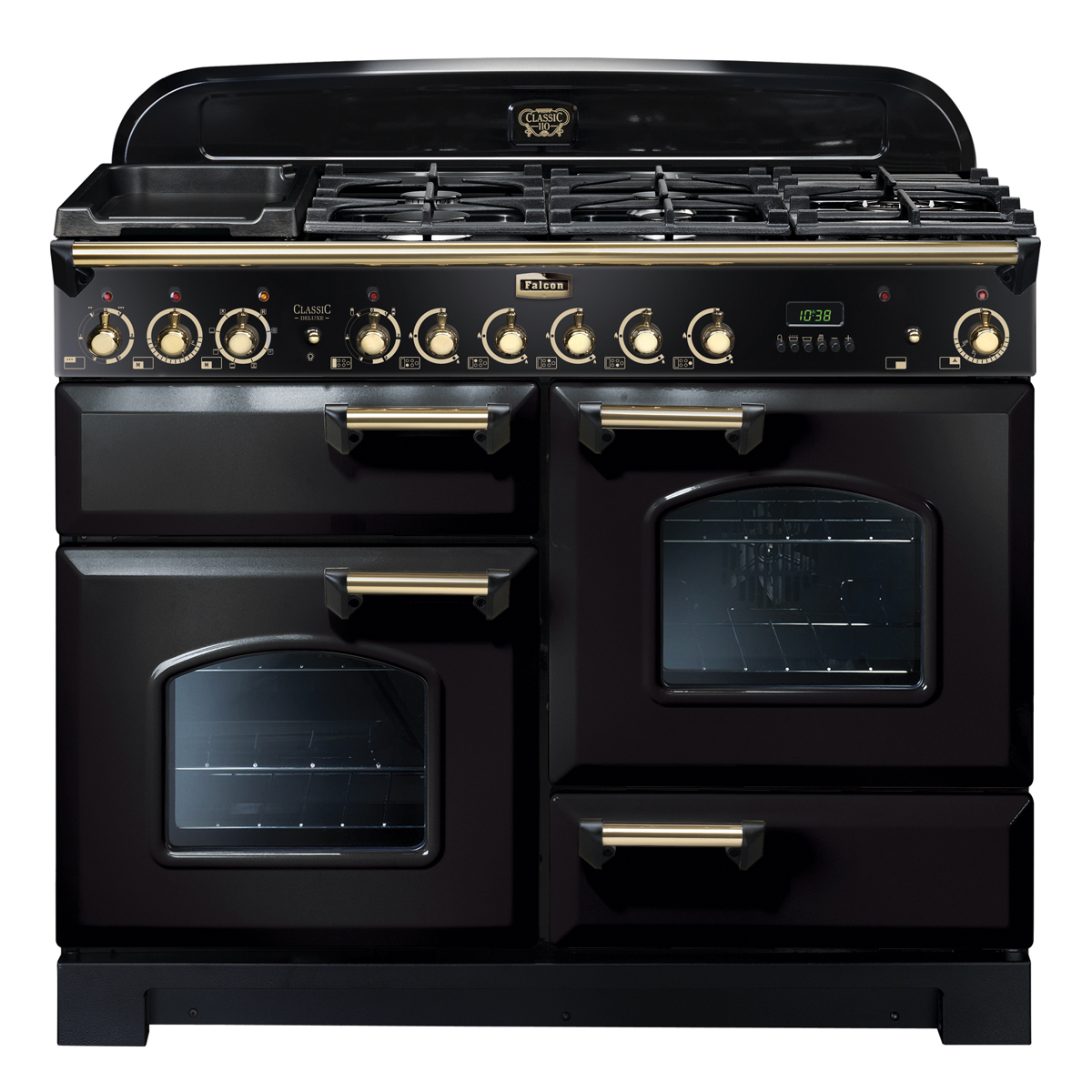 Schwarzer Falcon Classic Deluxe 110 cm Standherd mit goldenen Details, sechs Gaskochfeldern und vier separaten Backofentüren