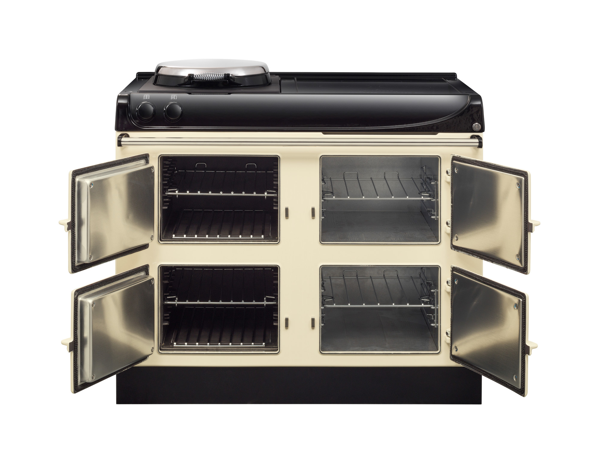 Großer cremefarbener Standherd mit vier geöffneten Backofentüren und schwarzer Kochplatte auf der Oberseite