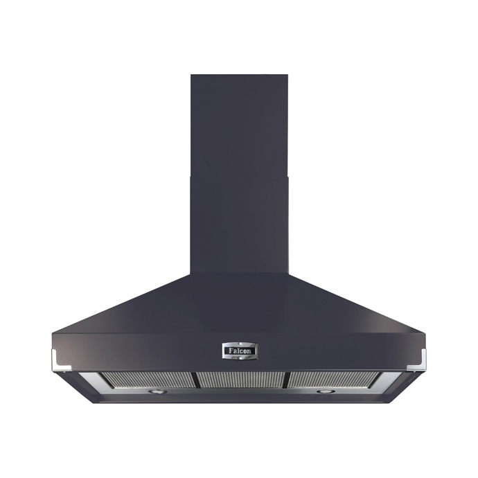 Schwarze Falcon Dunstabzugshaube, moderne Wandhaube mit Edelstahl-Filtern und schlichtem Design, geeignet für Küchen