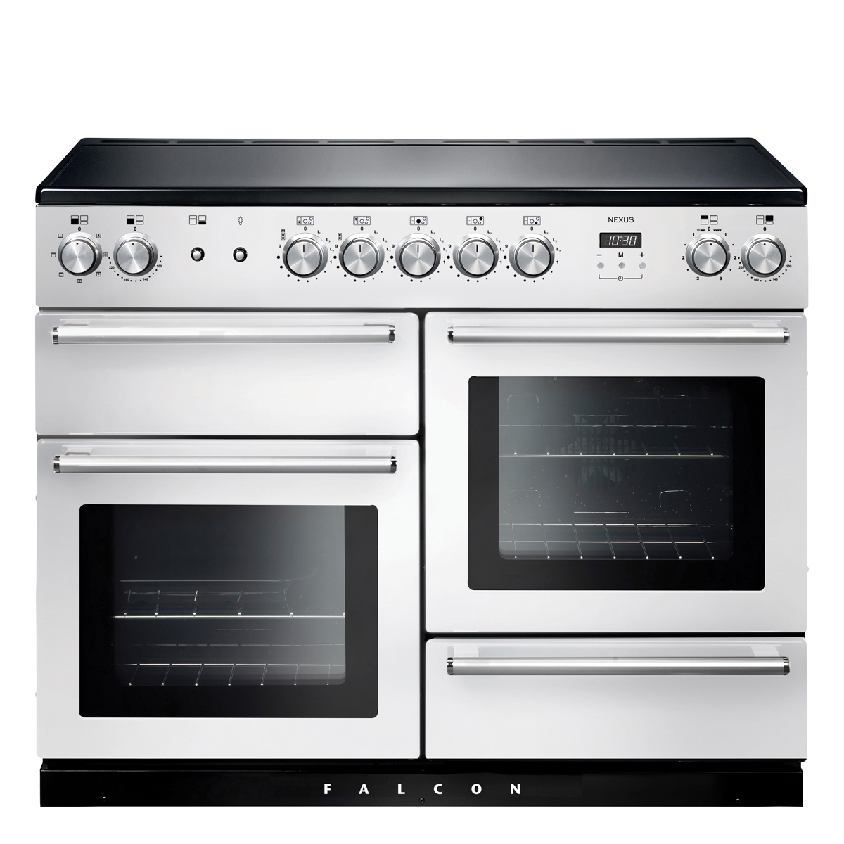 Falcon Nexus 110 Induktionsherd in Edelstahl, freistehend, mit vier Öfen und großem Kochfeld, ideal für große Küchen