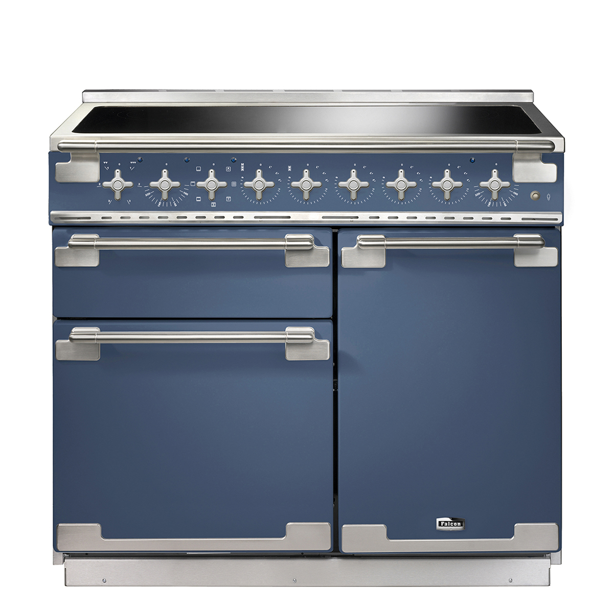 Blauer Falcon Induktionsherd mit mehreren Bedienknöpfen, großer Kochfläche und geräumigen Backöfen, geeignet für moderne Küchen