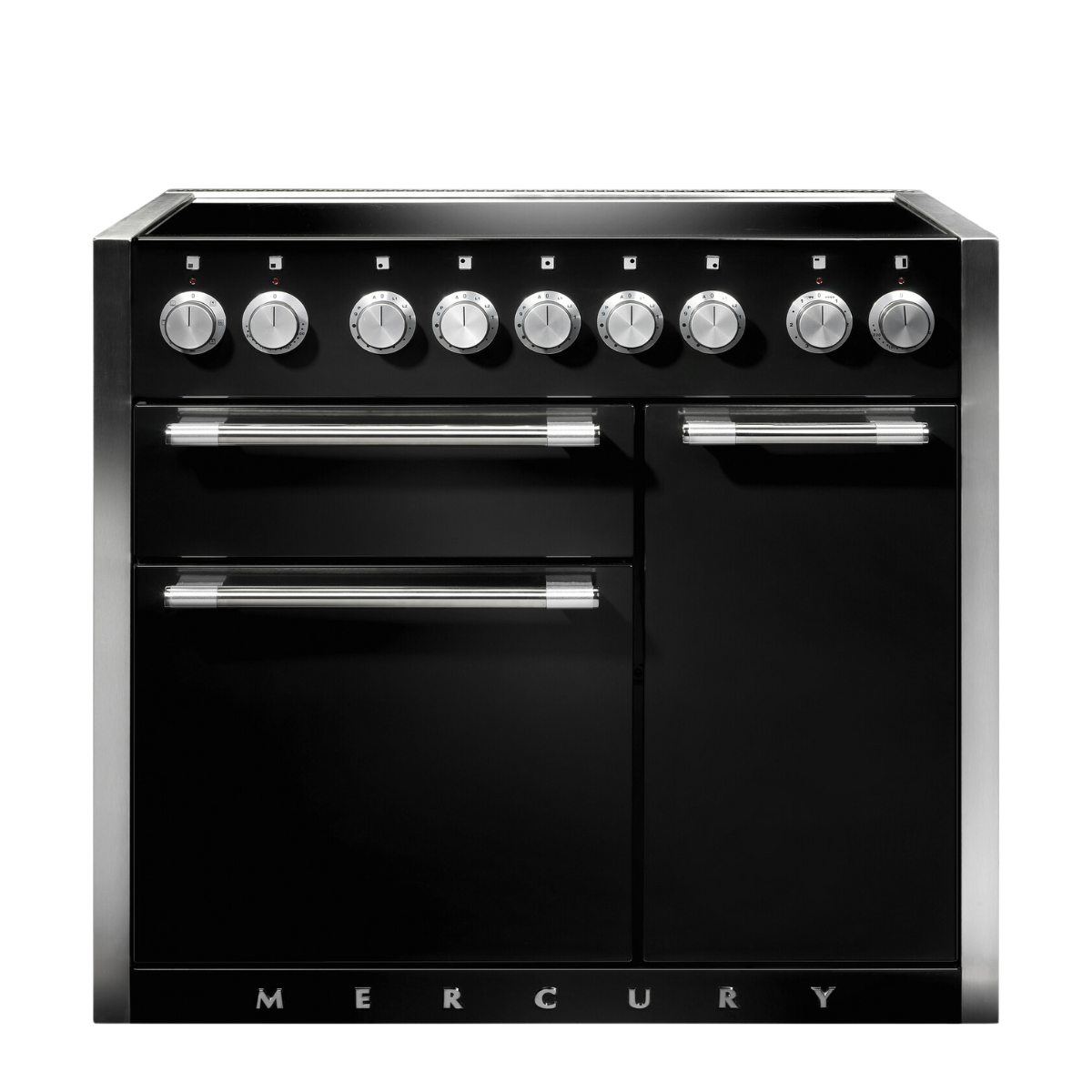 Moderner schwarzer Standherd von Mercury mit silbernen Drehknöpfen und drei Backofentüren, freigestellt auf weißem Hintergrund