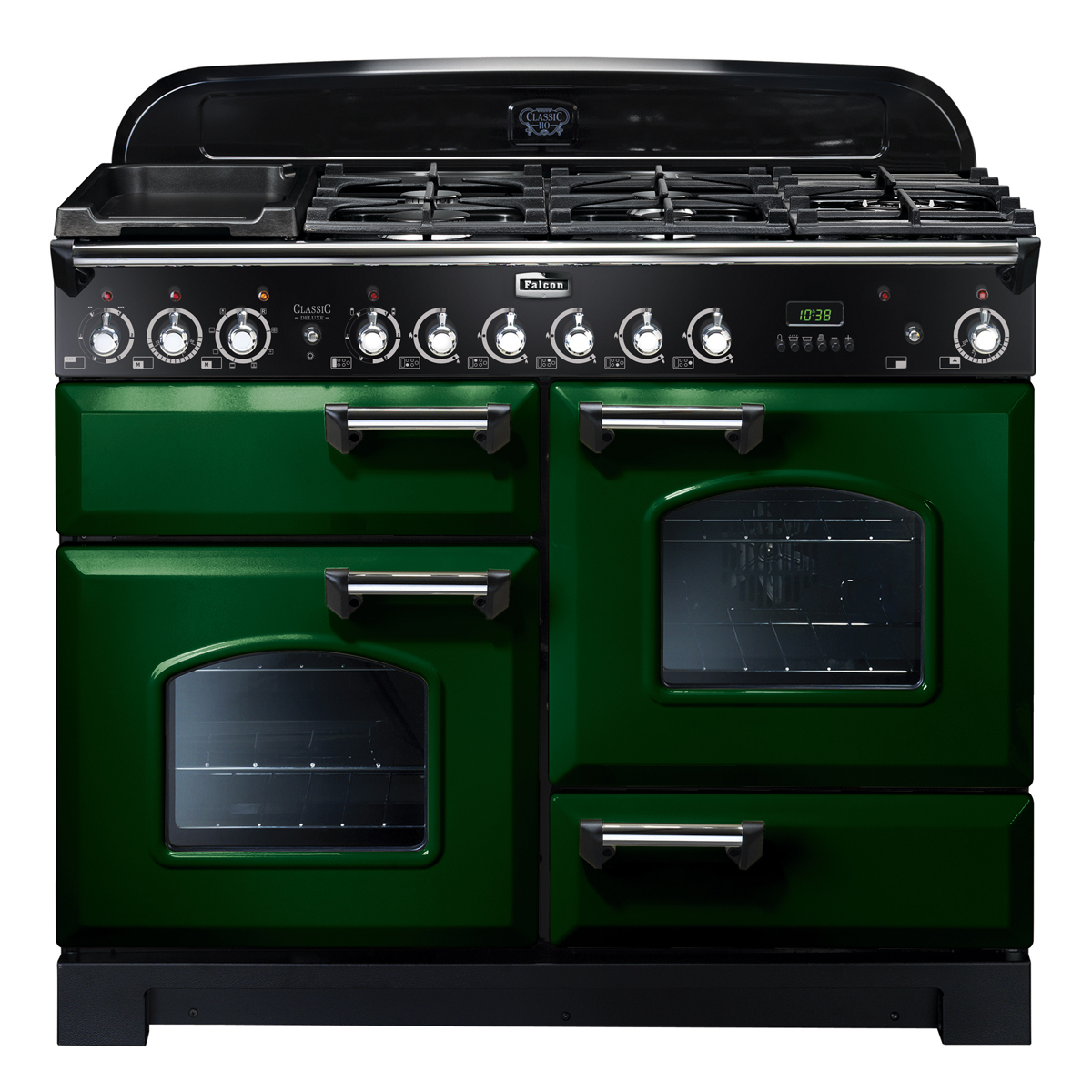 Grüner Falcon Classic Deluxe Gasherd mit vier Backofen-Fächern, fünf Kochfeldern und Kontrollknöpfen, freistehend für die Küche