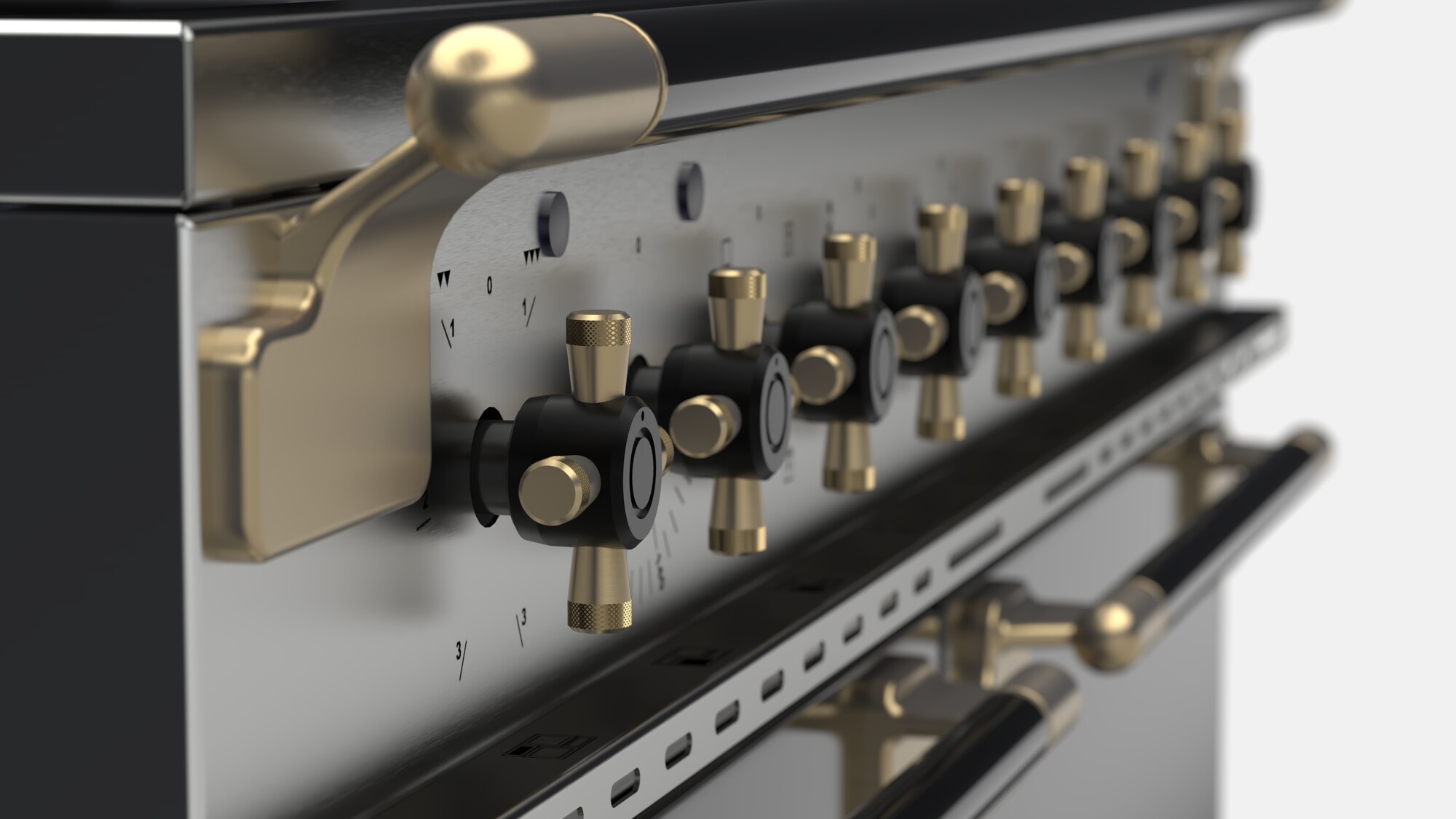 Nahaufnahme eines hochwertigen Gasherds mit mehreren Drehknöpfen und glänzenden Messing-Details im klassischen Design