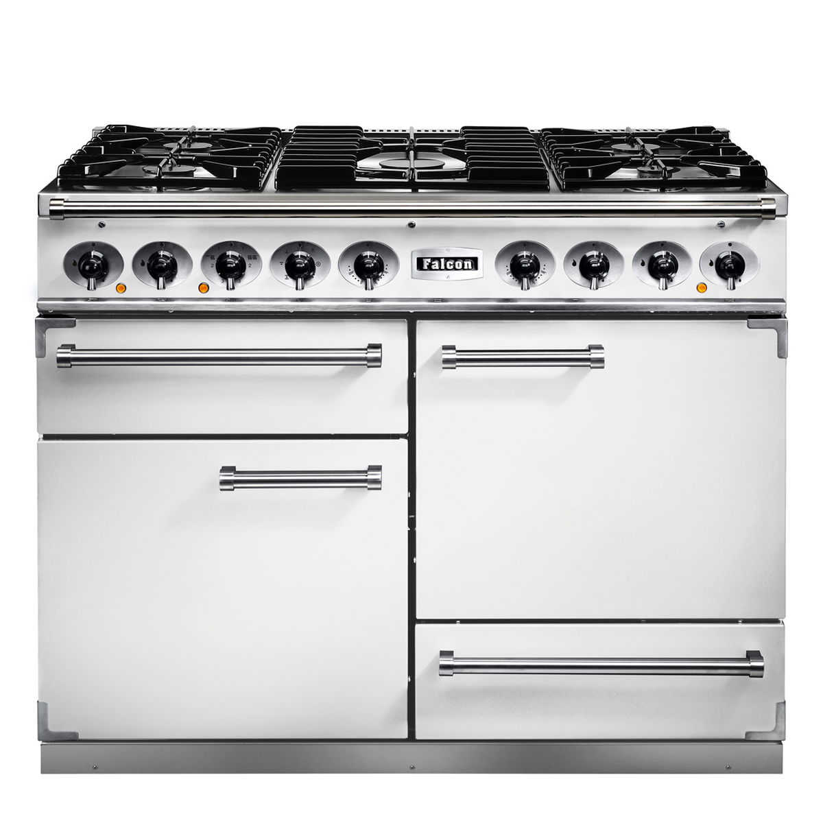 Professioneller Gasherd von Falcon mit acht Kochfeldern und mehreren Backöfen, weißes Design mit Edelstahlgriffen