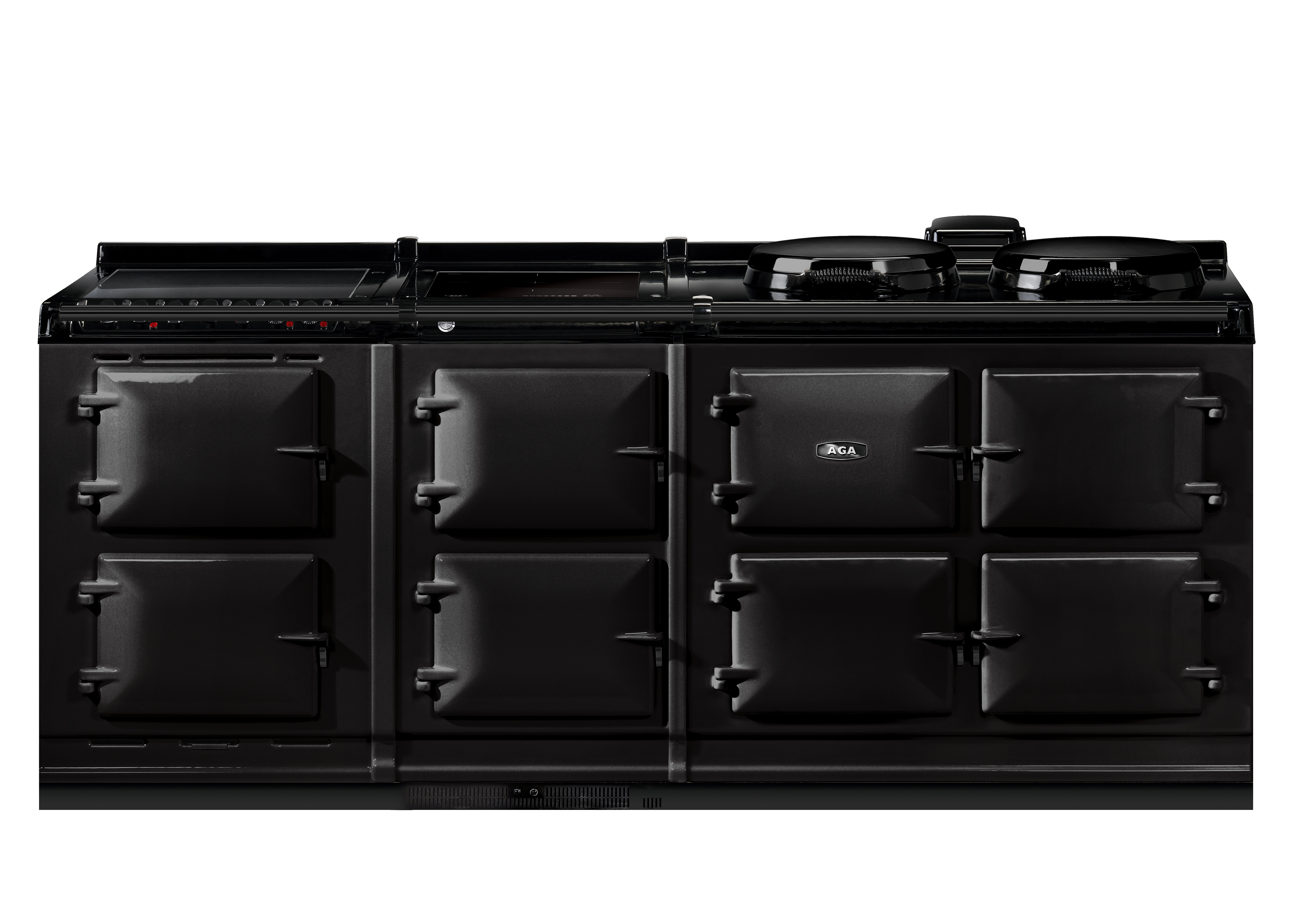 Schwarzer AGA Herd mit sechs Backofentüren und zwei Kochplatten, klassisches Design, geeignet für große Küchen