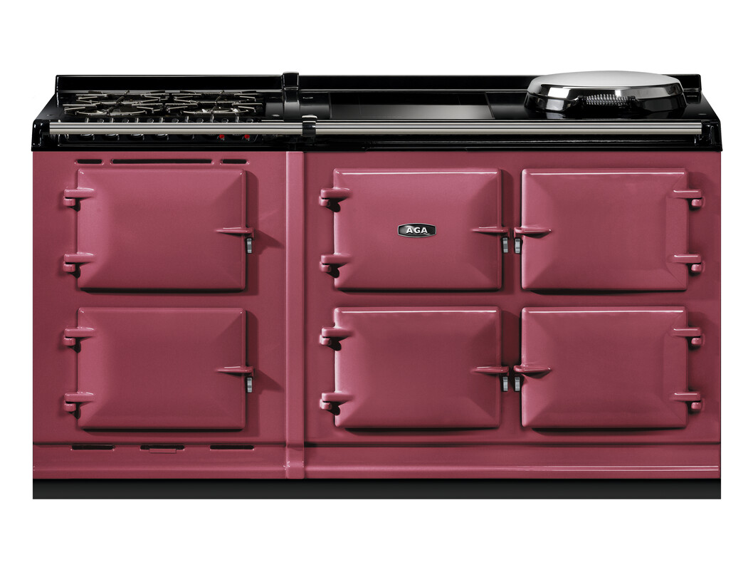 Hochwertiger AGA Herd mit sechs Türen, Kochplatte und Herdabdeckung in dunkelrosa für stilvolle Küchen