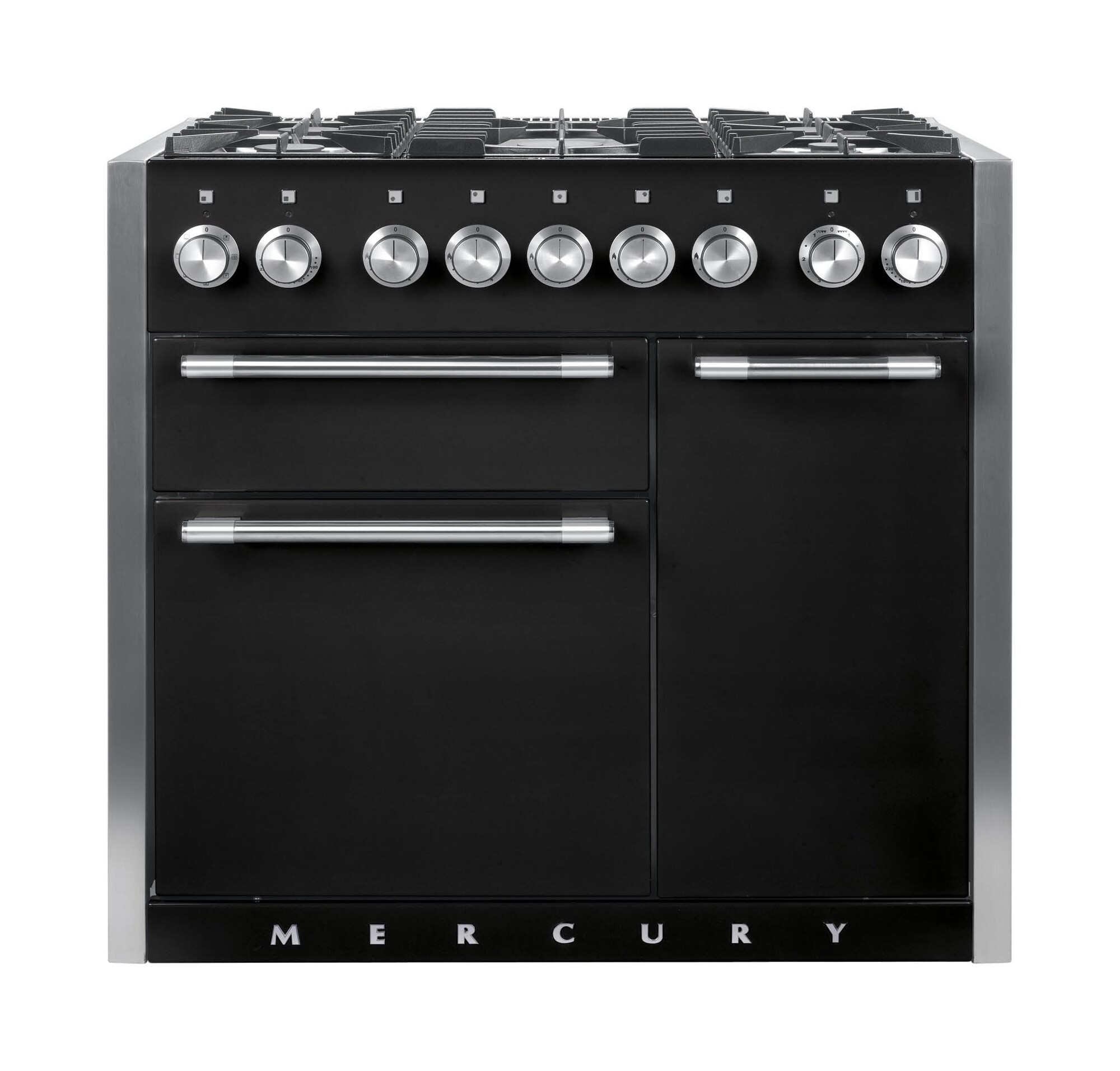 Schwarzer Mercury Standherd mit fünf Gasbrennern, drei Backöfen und Edelstahl-Bedienelementen im modernen Stil