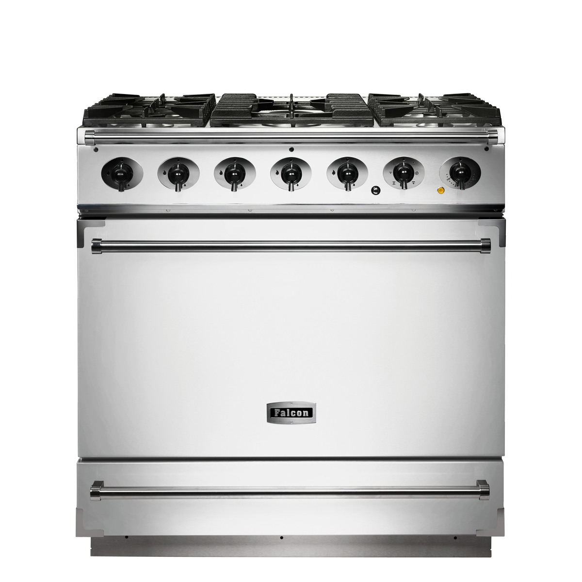Falcon Gasherd aus Edelstahl mit sechs Kochfeldern und großem Ofen, ideal für professionelle und private Küchen