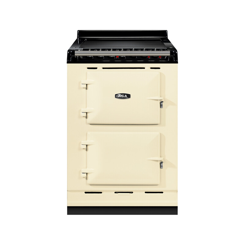 Freistehender cremefarbener AGA Herd mit zwei Backofentüren im klassischen Retro-Design, ideal für stilvolle Küchen