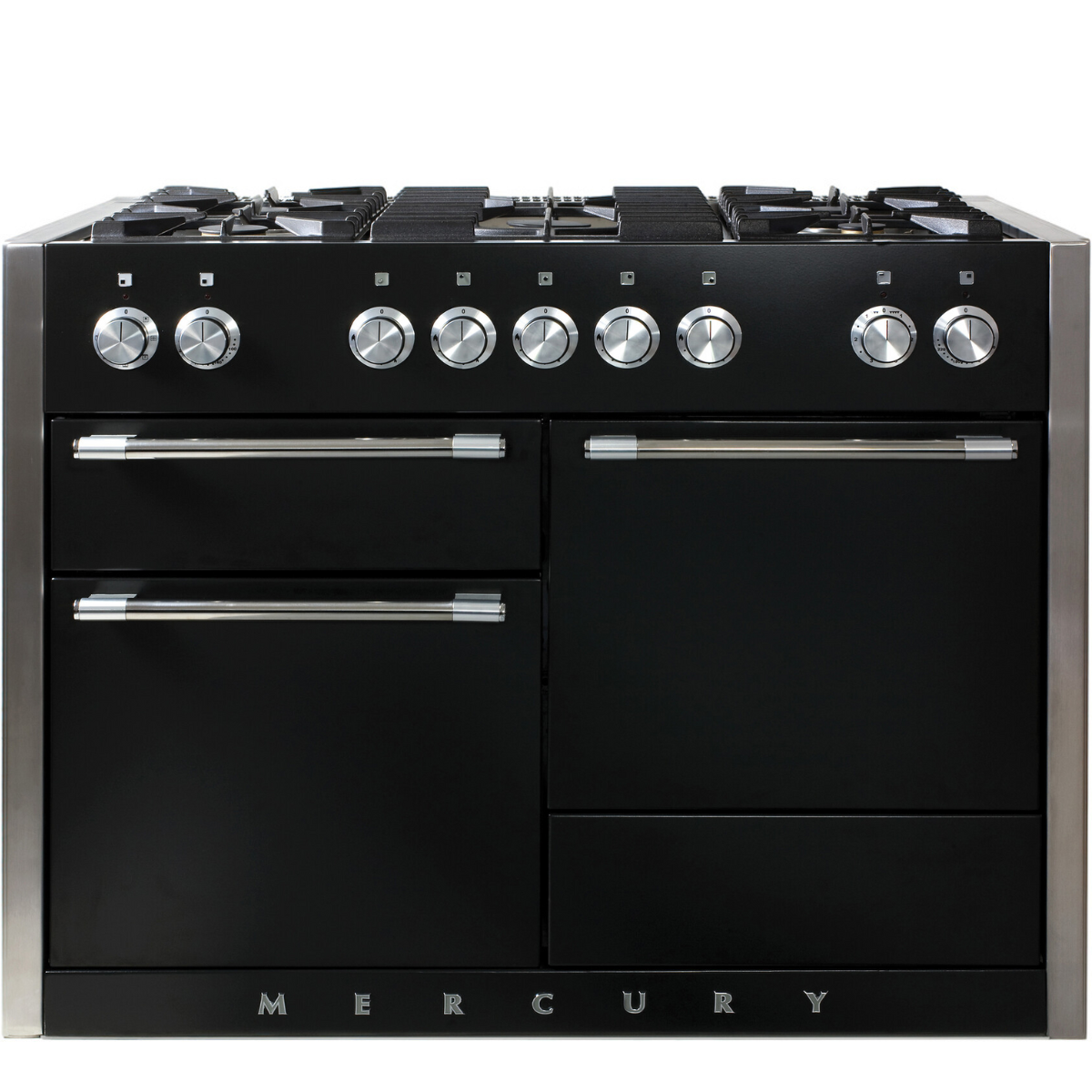 Schwarzer Mercury Gasherd mit mehreren Backöfen und Edelstahldetails, ideal für große Küchen