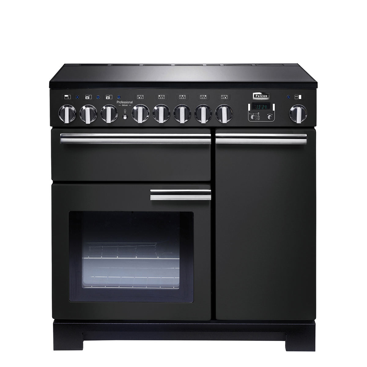 Schwarzer Falcon Professional+ 90 Induktionsherd mit mehreren Einstellknöpfen, zwei Backofentüren und modernen Edelstahlgriffen