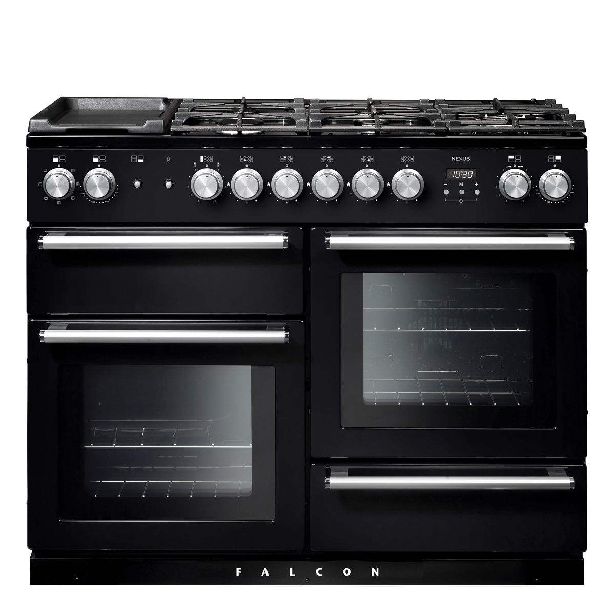 Schwarzer Falcon Nexus Range Cooker mit 5 Gaskochstellen und 3 Backöfen, modernes Küchengerät für vielseitiges Kochen