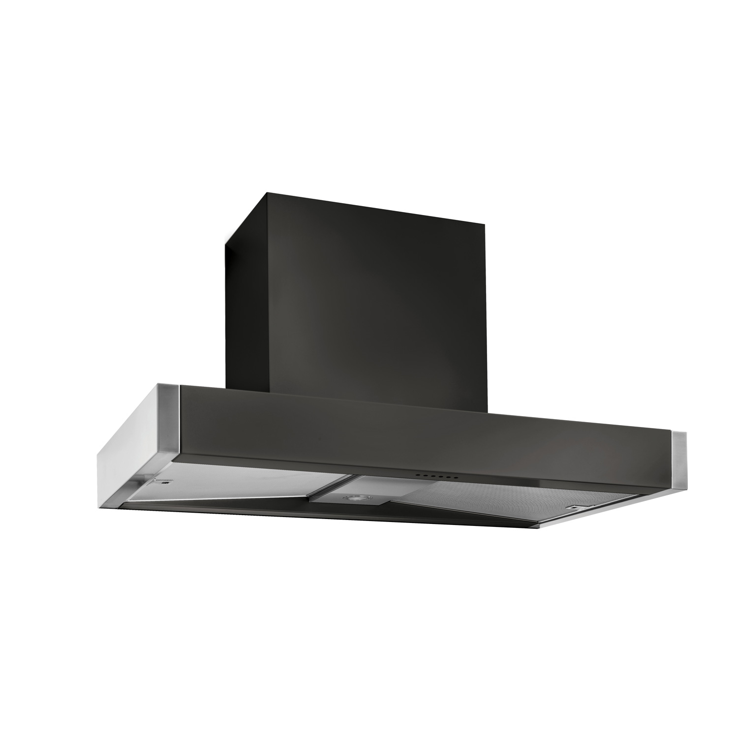 Dunstabzugshaube in modernem Design aus Edelstahl und schwarzem Gehäuse, freigestellt auf weißem Hintergrund
