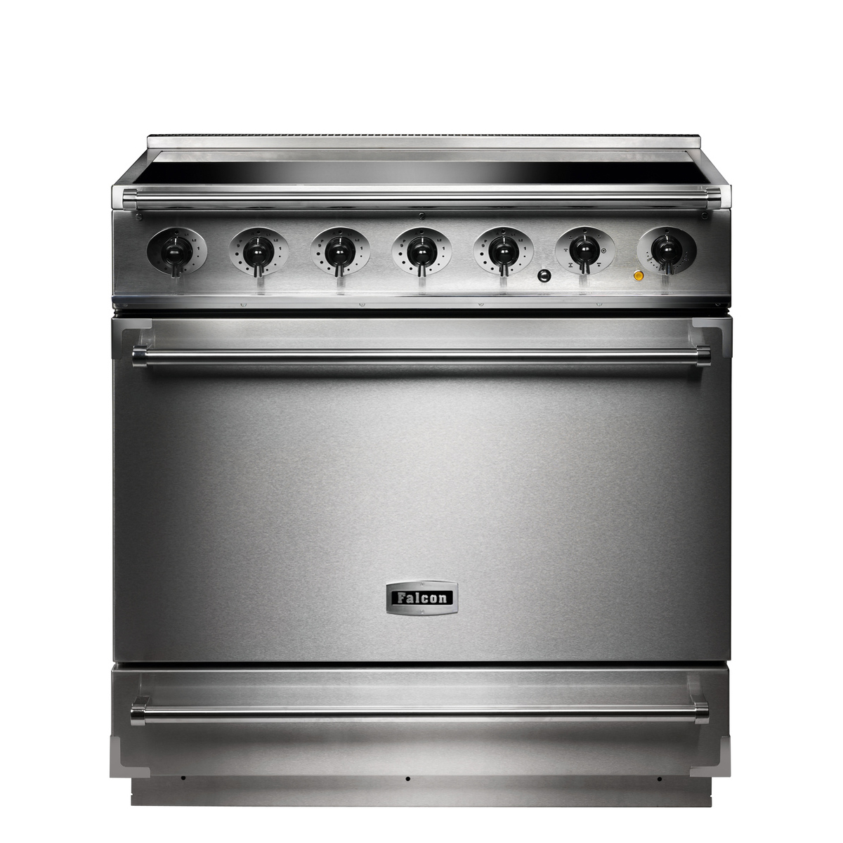 Moderner Herd aus Edelstahl von Falcon mit sechs Drehknöpfen und großem Backofen, freistehend