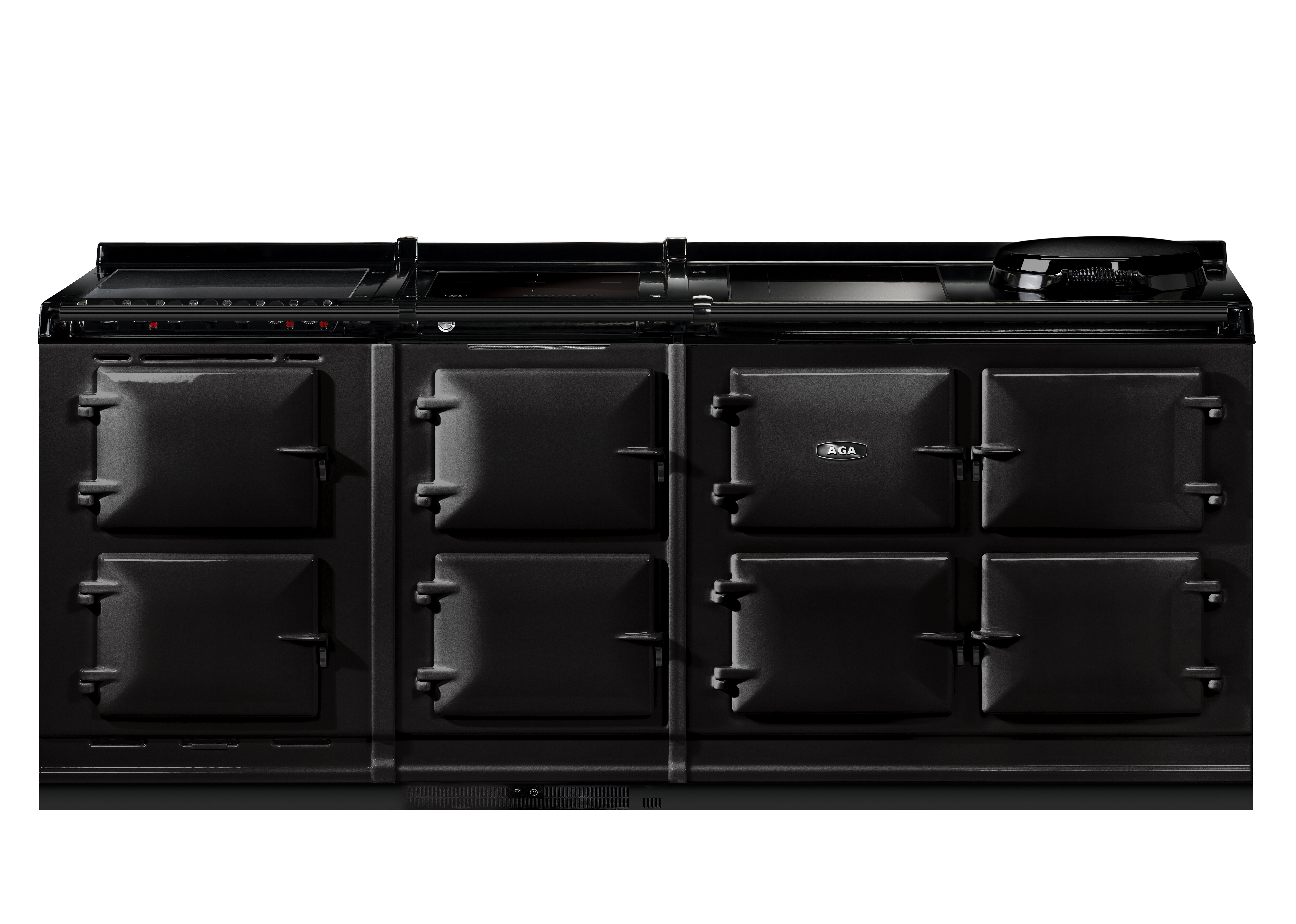 Schwarzer AGA Standherd mit sechs Backofenklappen und Kochplatten, geeignet für professionelle oder großzügige Küchen