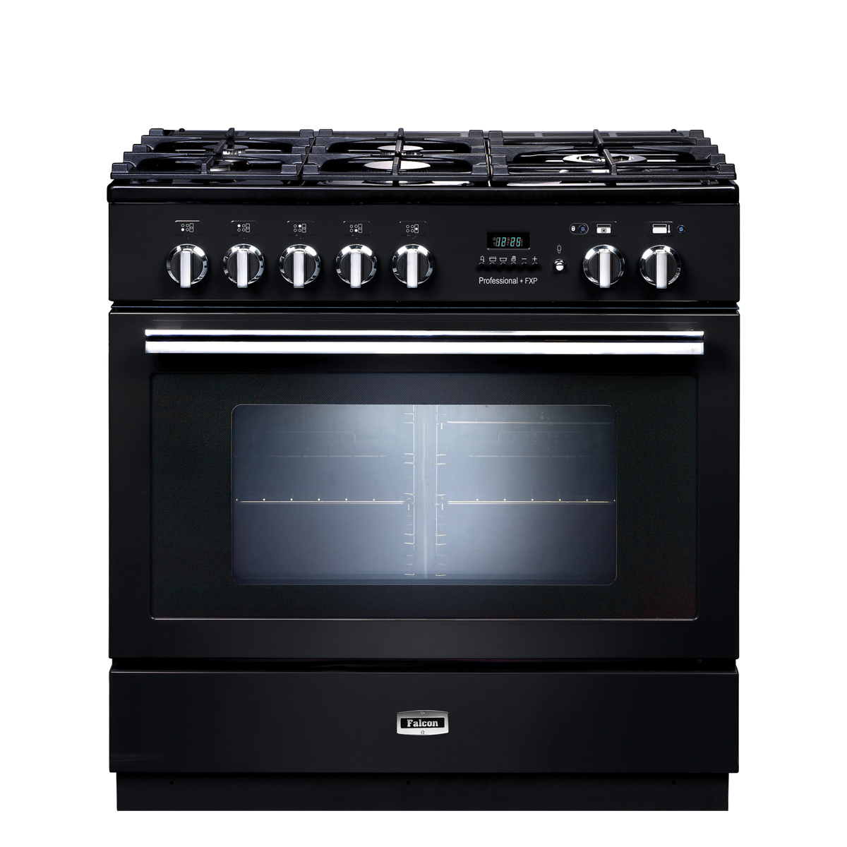 Moderner schwarzer Gasherd mit sechs Kochfeldern und großem Backofen, ideal für vielseitiges Kochen und Backen