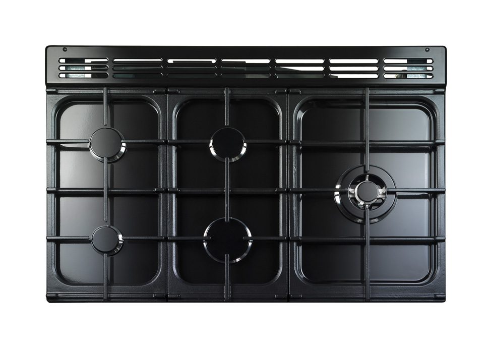 Oberansicht eines modernen schwarzen Gaskochfelds mit fünf Brennern und stabilen Gitterrosten