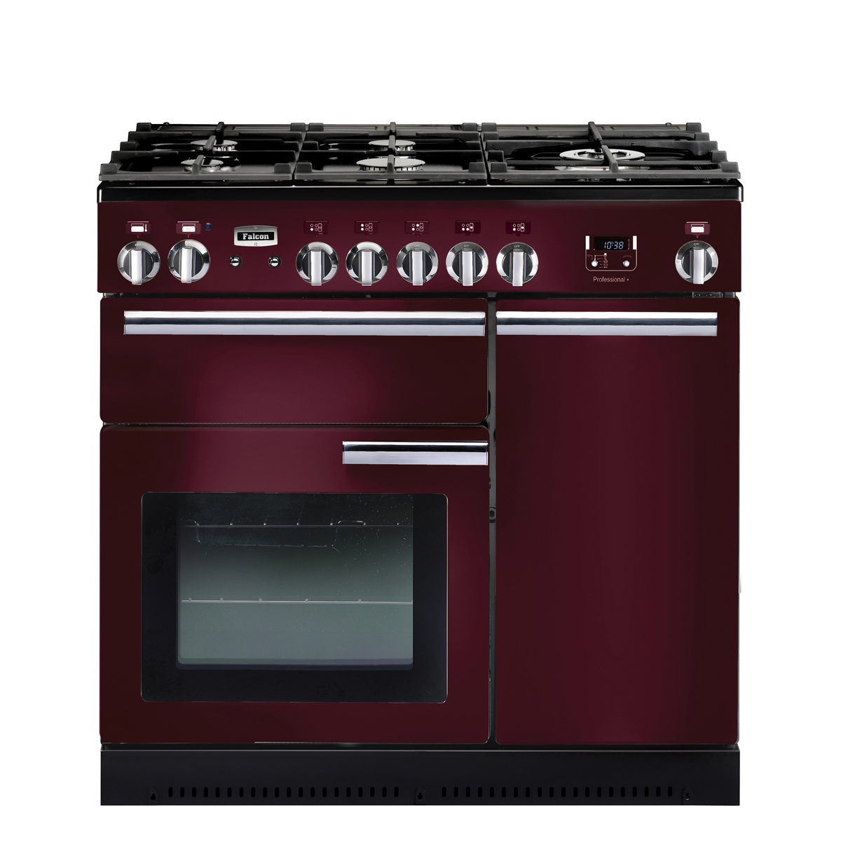 Freistehender bordeauxroter Falcon Professional+ 90 Gasküchenherd mit Edelstahl-Bedienelementen und mehreren Backofentüren