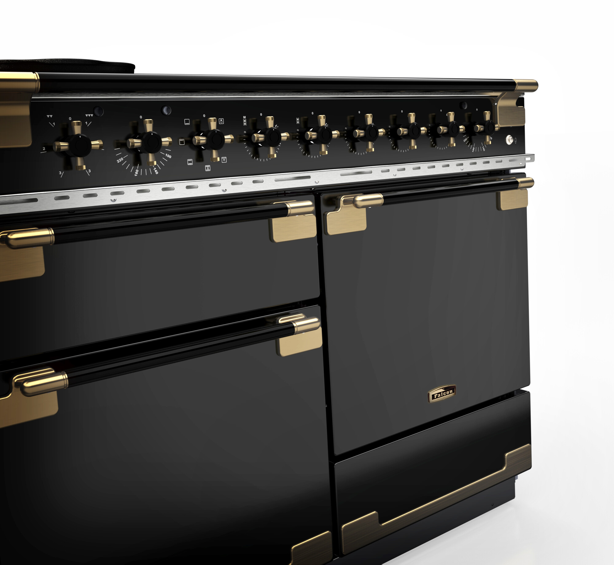 Hochwertiger Falcon Standherd, schwarz mit goldenen Messing-Akzenten, zahlreiche Drehknöpfe, luxuriöses Küchengerät
