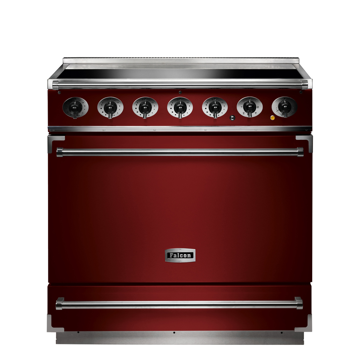 Freistehender Herd von Falcon in roter Farbe, sechs Drehknöpfe, Edelstahl-Details und großer Backofentür