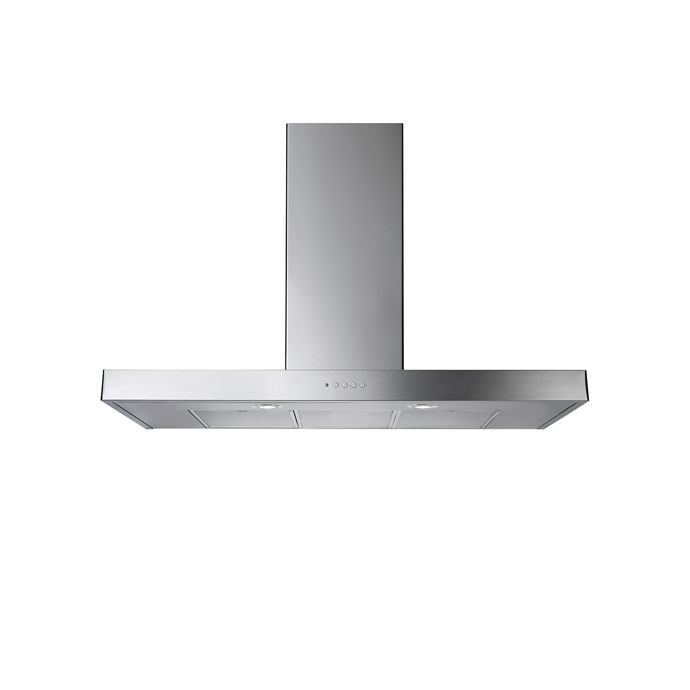 Frontansicht einer modernen, rechteckigen Dunstabzugshaube aus Edelstahl, geeignet für den Einsatz in der Küche