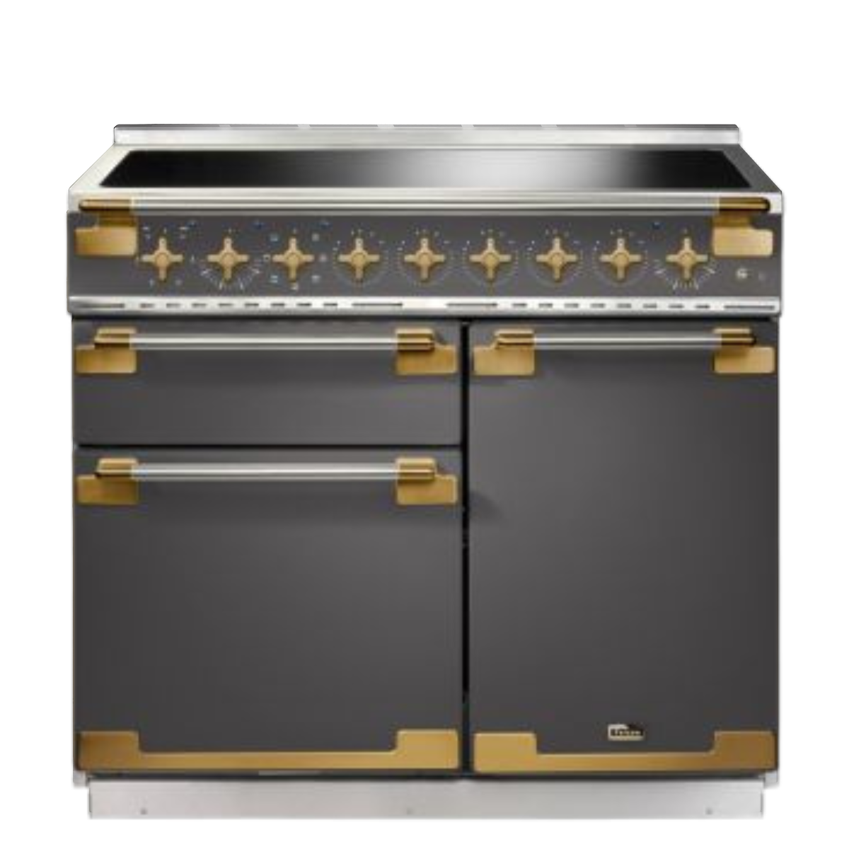 Eleganter Standherd mit schwarzem Gehäuse, goldenen Akzenten, Induktionskochfeld und mehreren Backofentüren