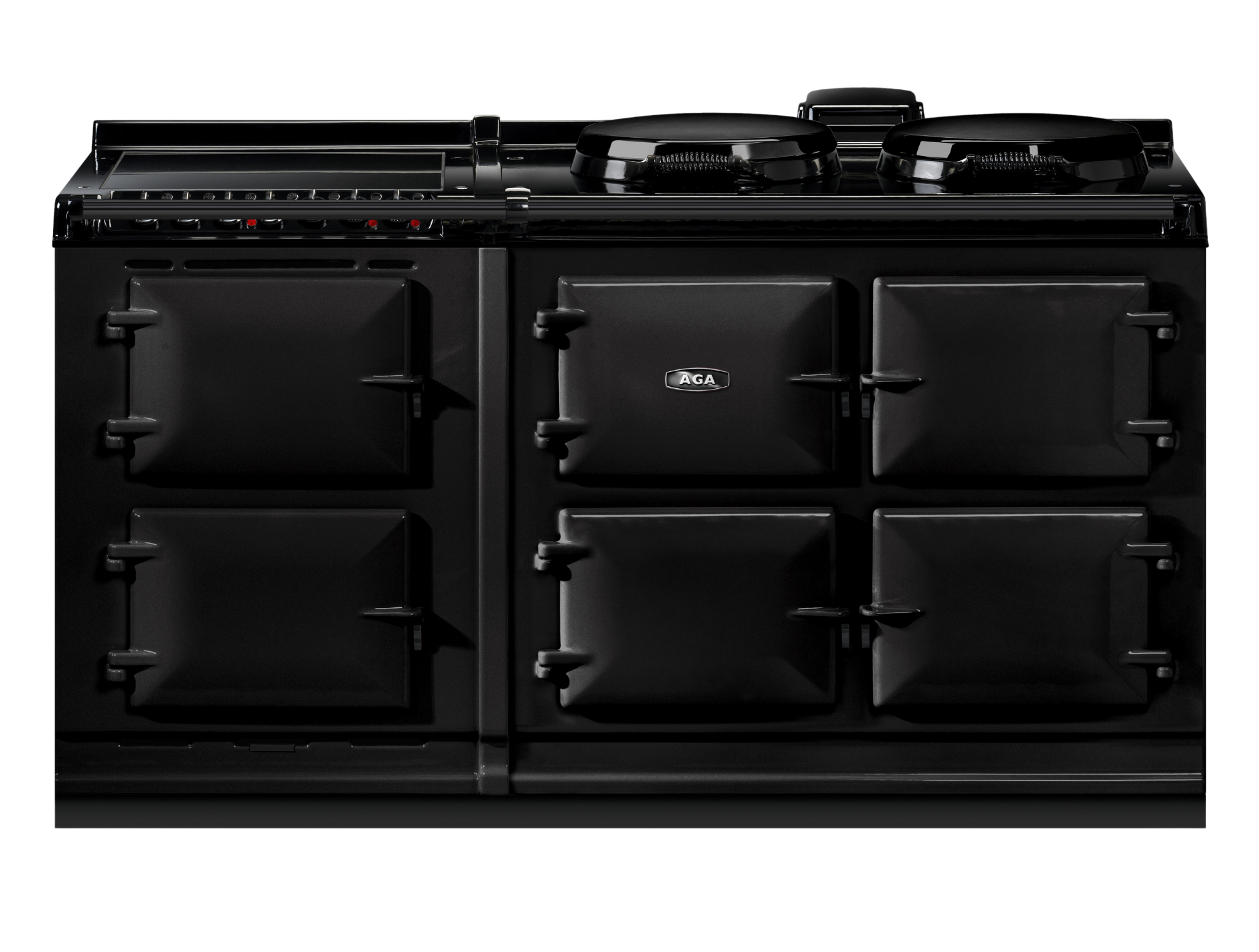 Schwarzer AGA Herd mit sechs Backofenfächern und zwei runden Kochplatten, freistehend vor weißem Hintergrund