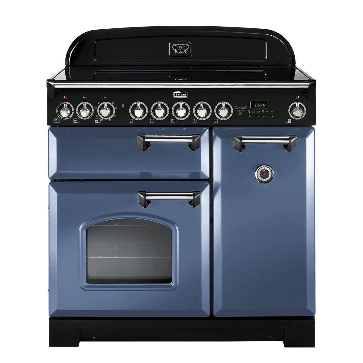 Blauer Induktionsherd Falcon Classic Deluxe 90 mit zwei separaten Backöfen und Kochfeld, Frontansicht